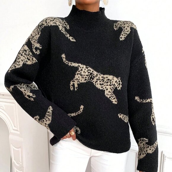 Black Casual Women's Leopard Pattern High Neck Drop Shoulder Sweater - Picture 4 of 6
